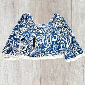 NWT NICOLE MILLER Paisley Blue White Swing Cropped Boho Lace Trim Top Blouse S